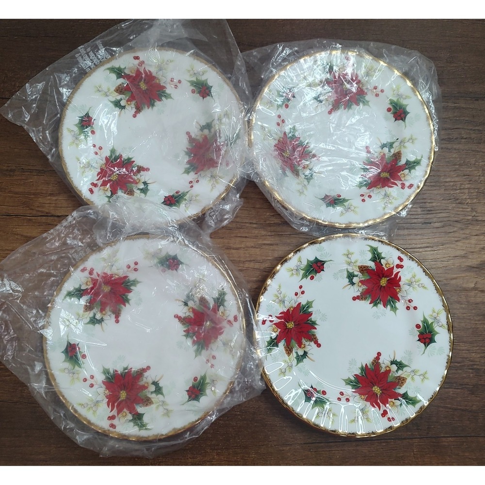 Royal Albert Poinsettia 6.25" Plates Set of 4 Bone China England Christmas